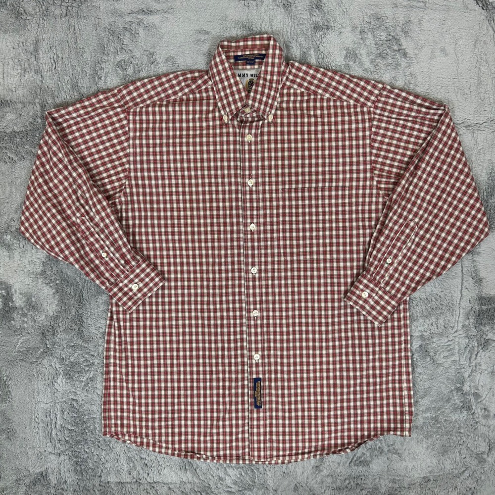 Tommy Hilfiger Mens Red White Plaid Button Down Shirt 15.5 32 Cotton Long Sleeve